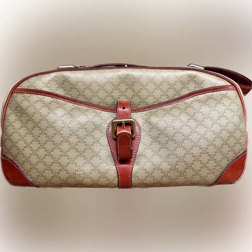Rare vintage Celine beige Triomphe monogram purse with burgundy red leather trim